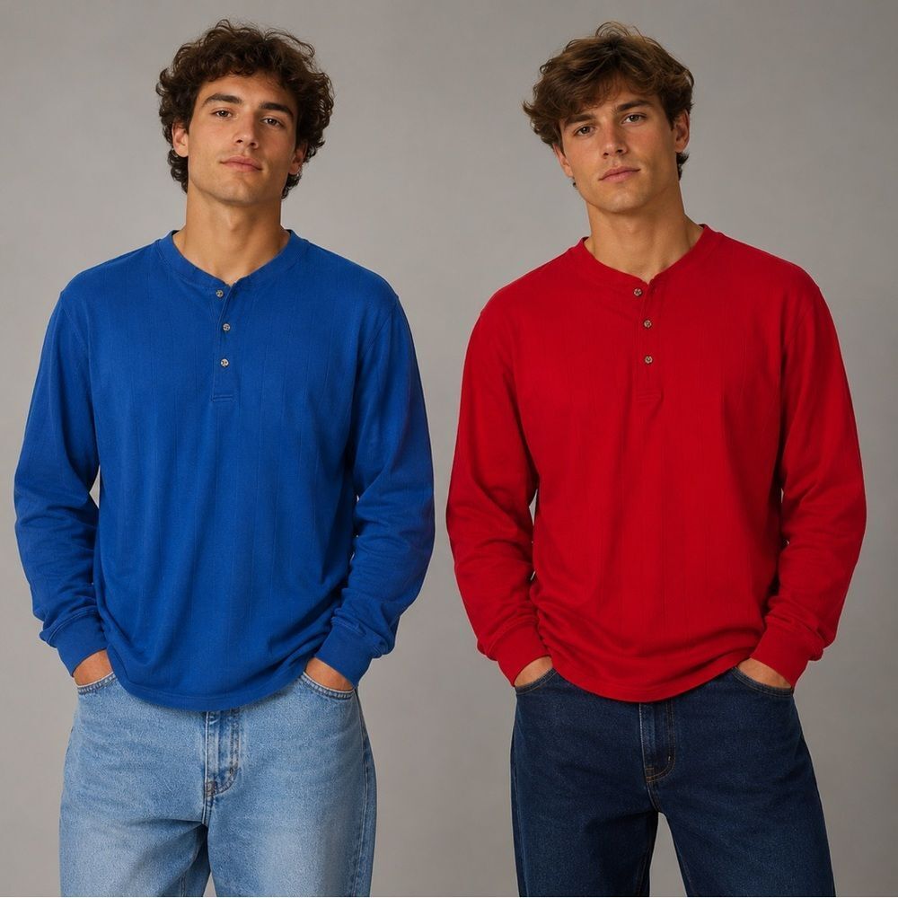 BUNDLE The Great Plains Long-Sleeve Henley Shirt Blue Red 100% Cotton size XL